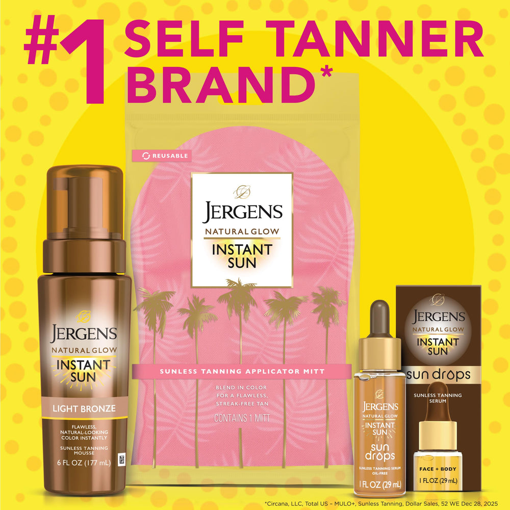 Jergens Instant Sun Drops packaging shows dermatologist-tested and cruelty-free.