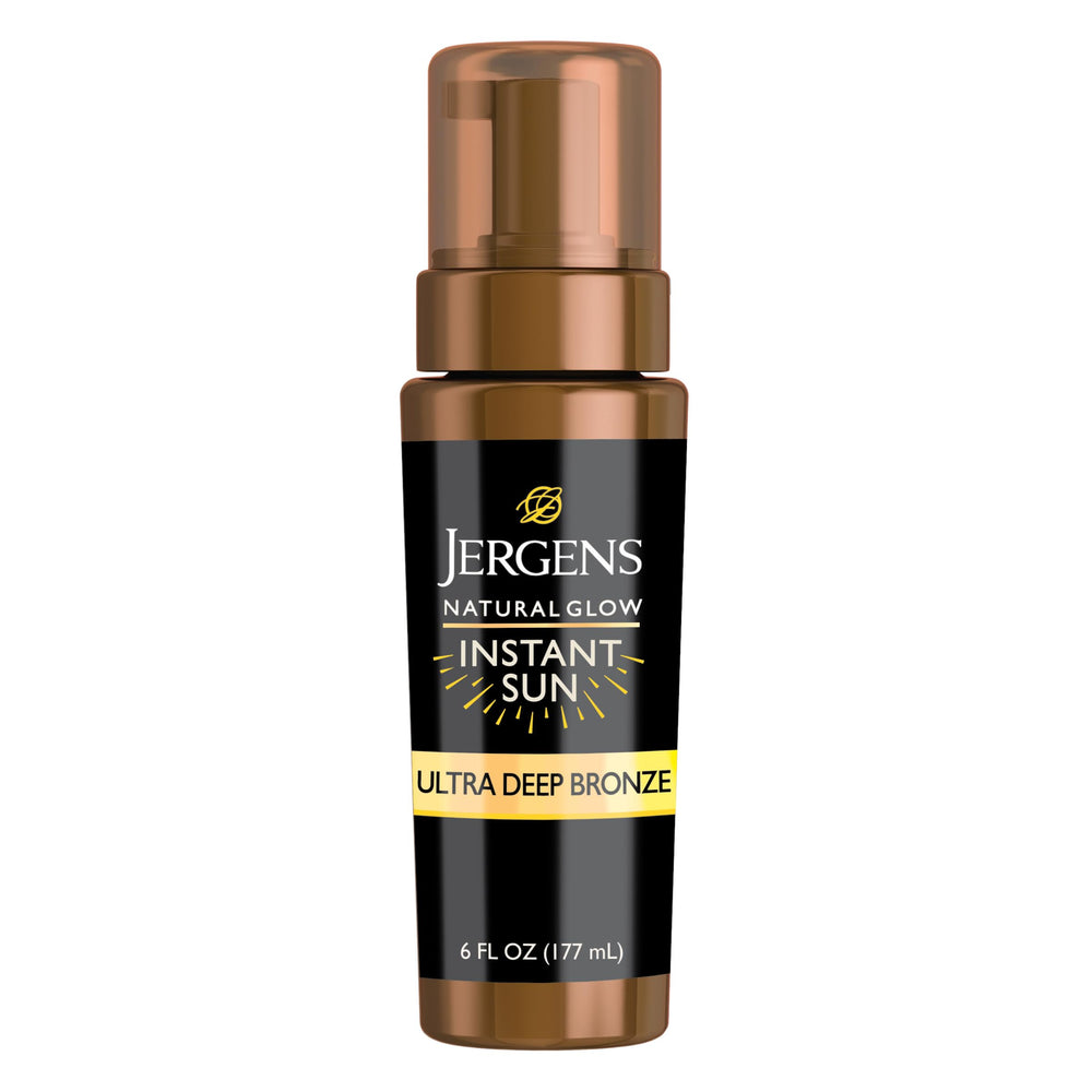 Jergens Instant Sun Mousse bottle front view showing compact self-tanner for natural bronze