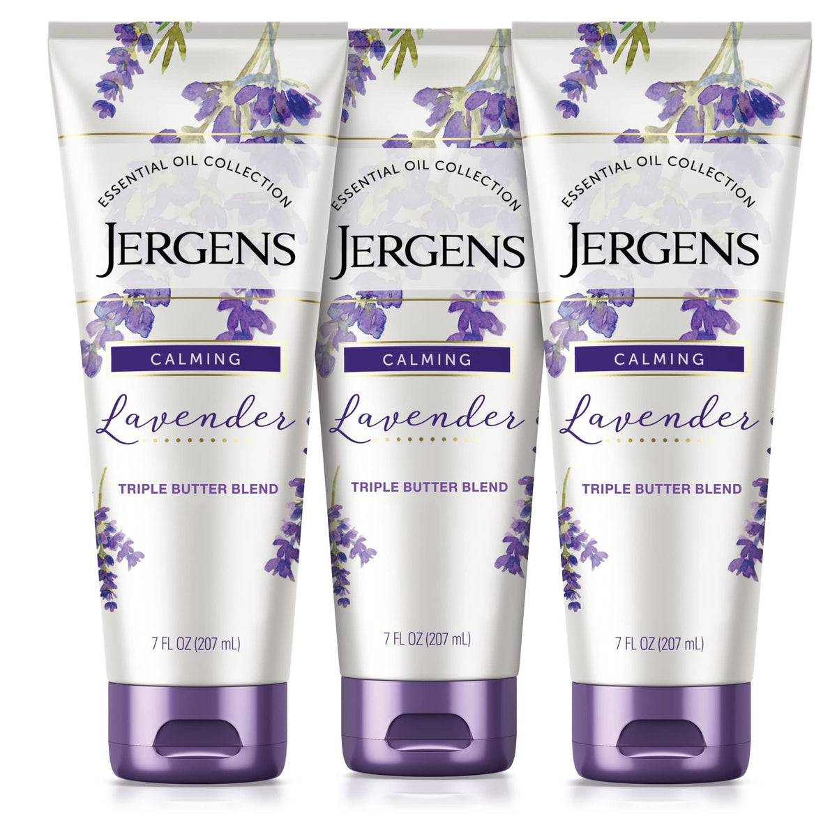 Jergens Lavender Body Butter pack front view showing triple butter hydration for nourished skin