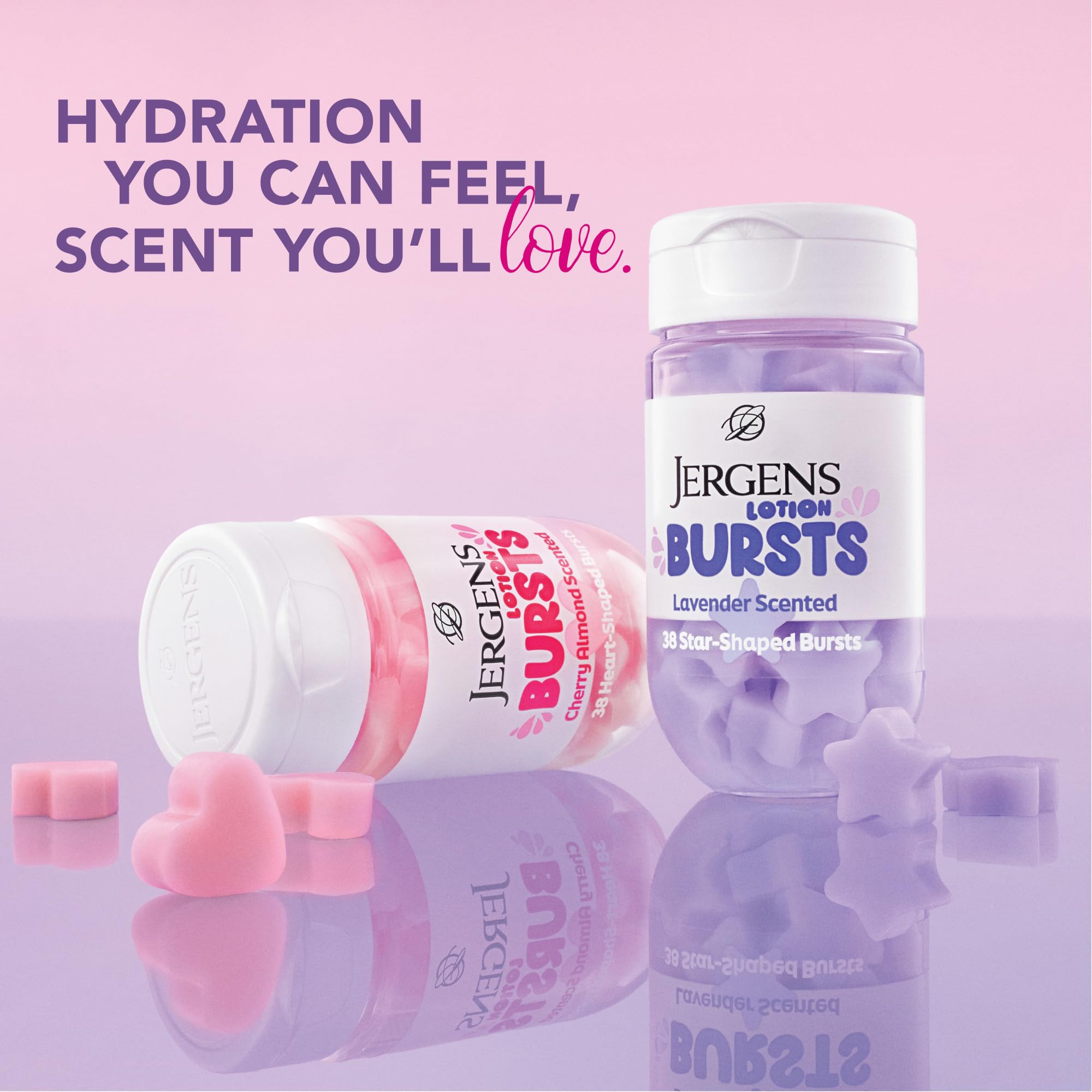 Collection shot of Jergens Lavender Lotion Bursts with playful star shapes and lavender aroma.