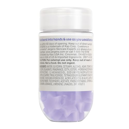 Cruelty-free logo on Jergens Lavender Lotion Bursts reinforces ethical skincare choice.