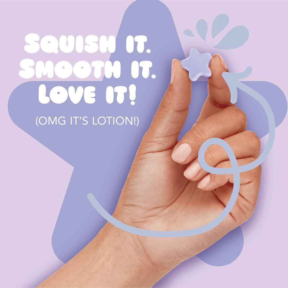 Soft, smooth skin implied after applying Jergens Lavender Lotion Bursts.