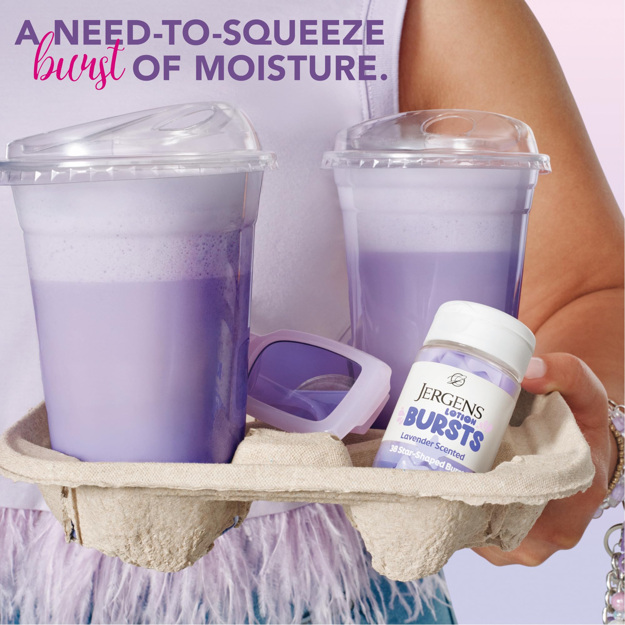 Packaging front of Jergens Lavender Lotion Bursts highlights 38 bursts for gifting ideas.