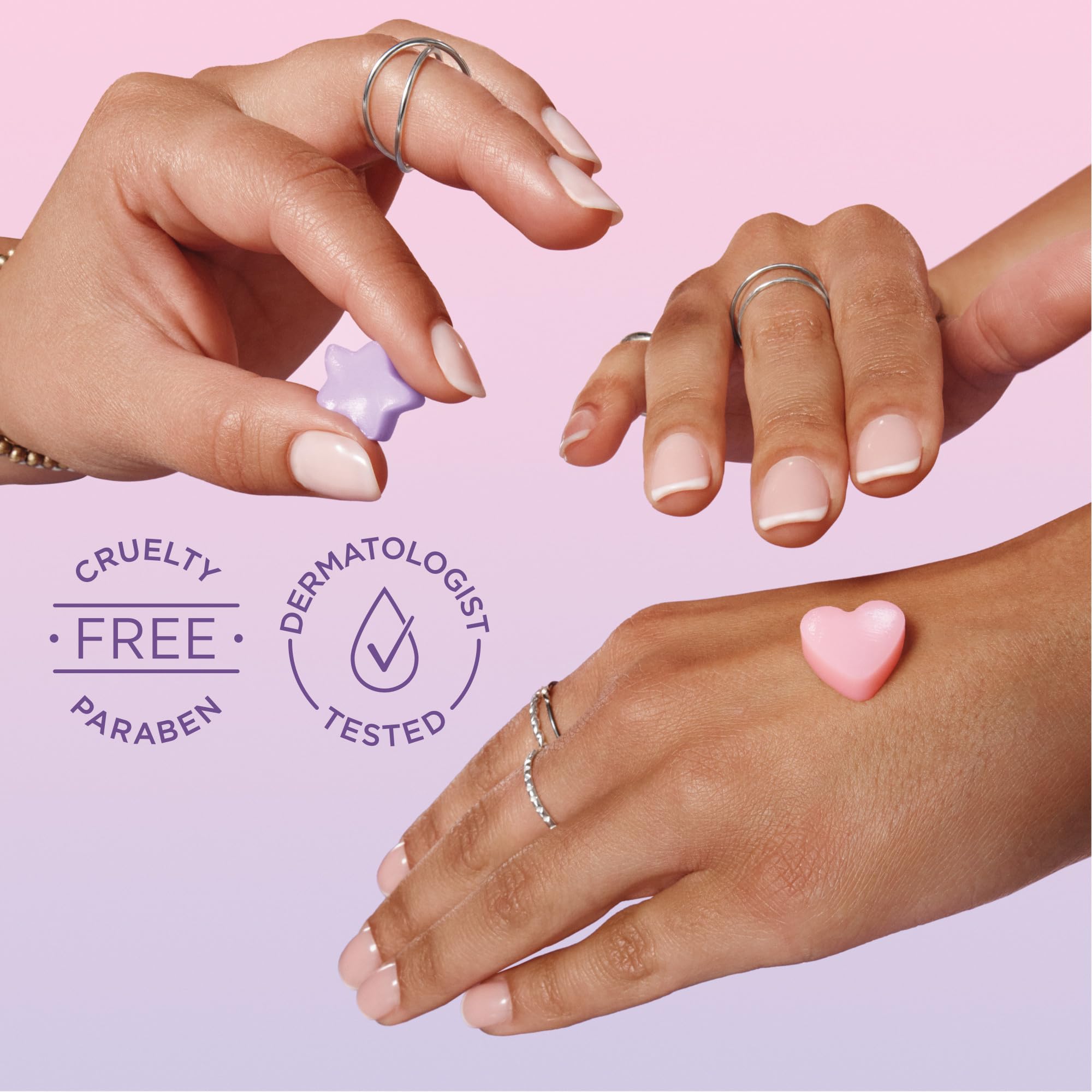 Packaging label for Jergens Lavender Lotion Bursts notes cruelty-free and paraben-free form.