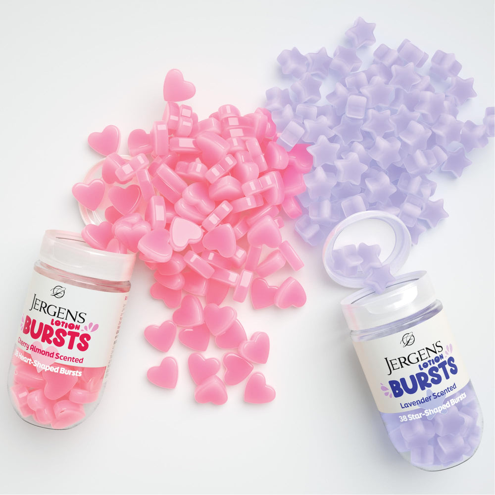 In-hand demo of Jergens Lavender Lotion Bursts delivering hydration on the go.