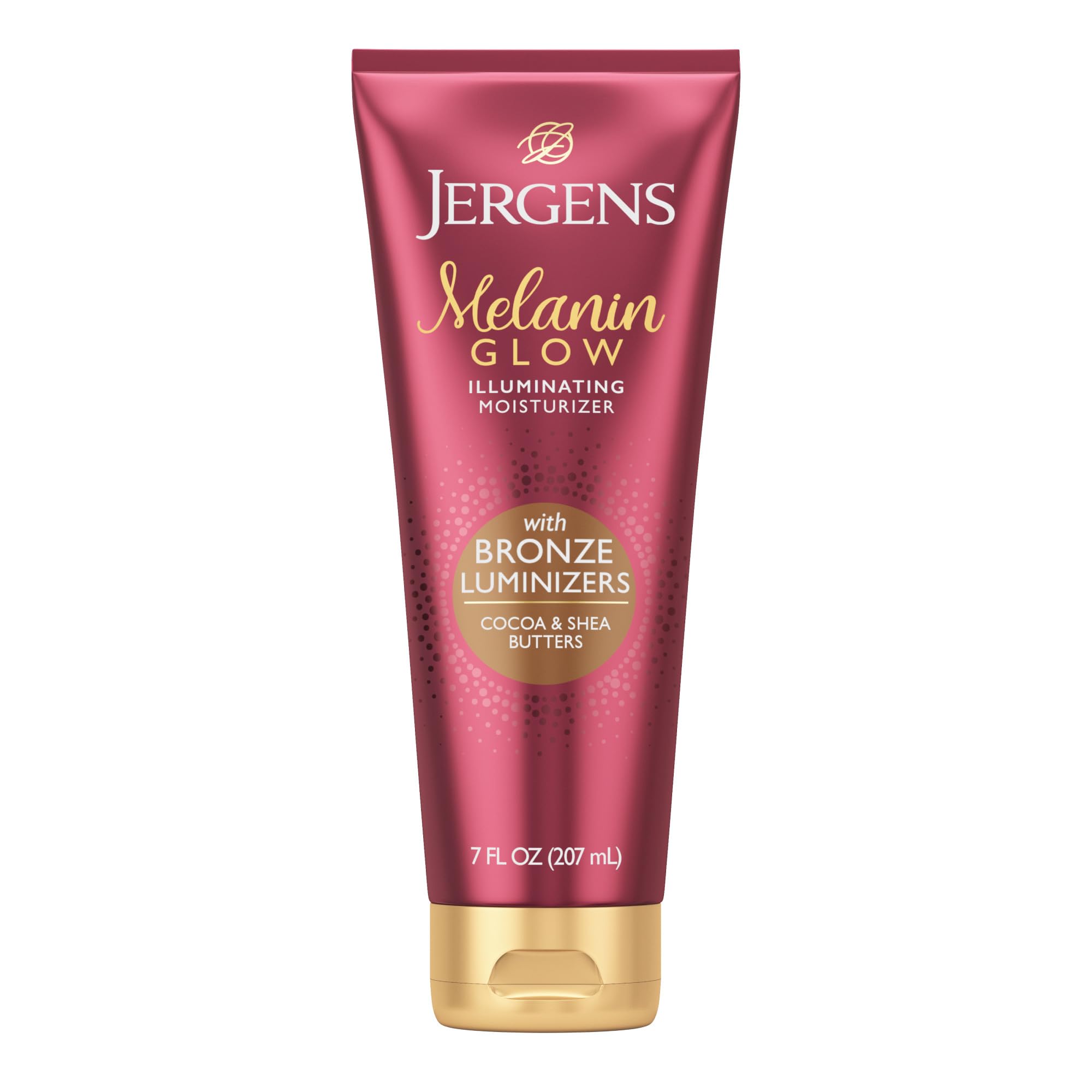 Jergens Melanin Glow bronze luminizers on bottle for subtle radiance