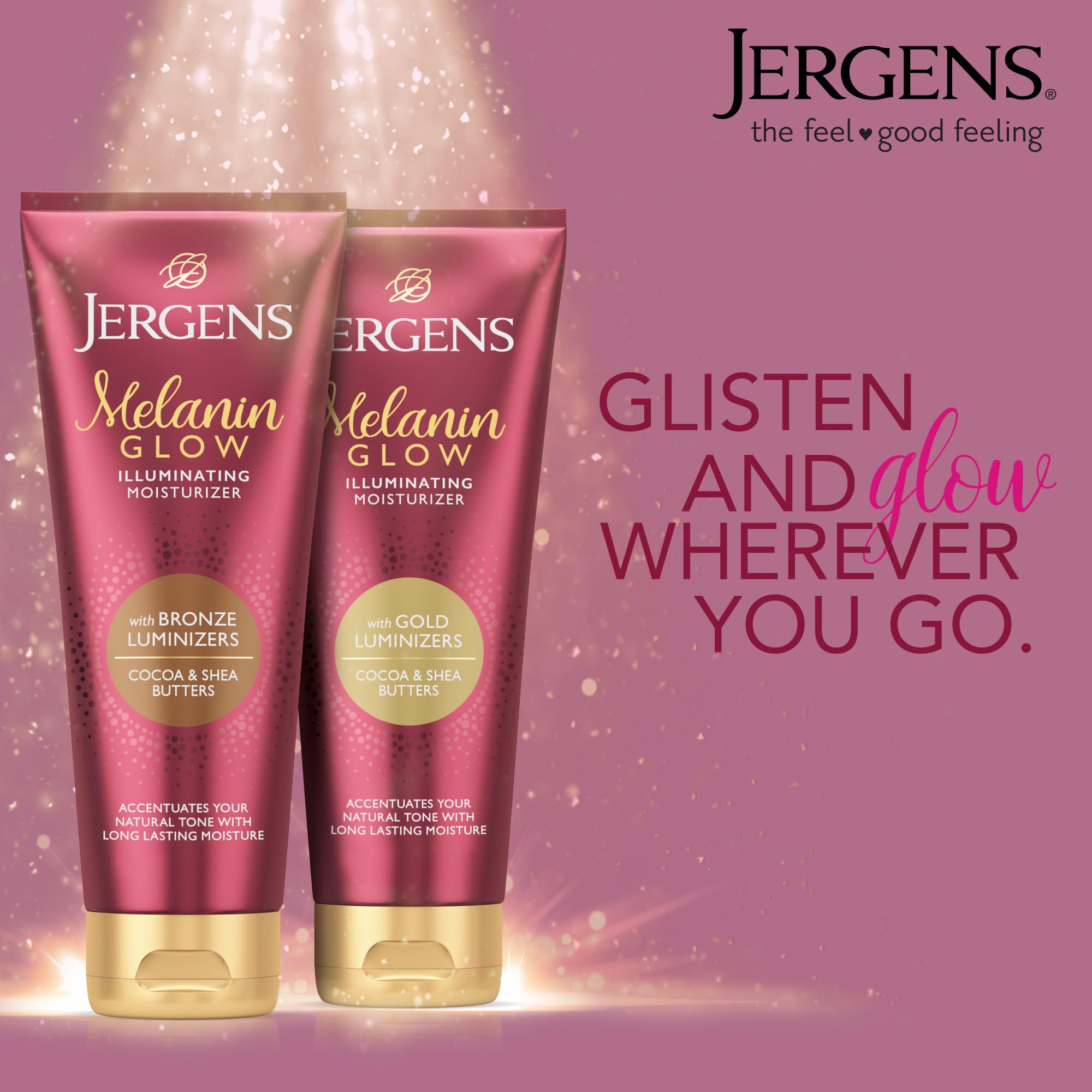 Jergens Melanin Glow dermatologist-tested badge on packaging