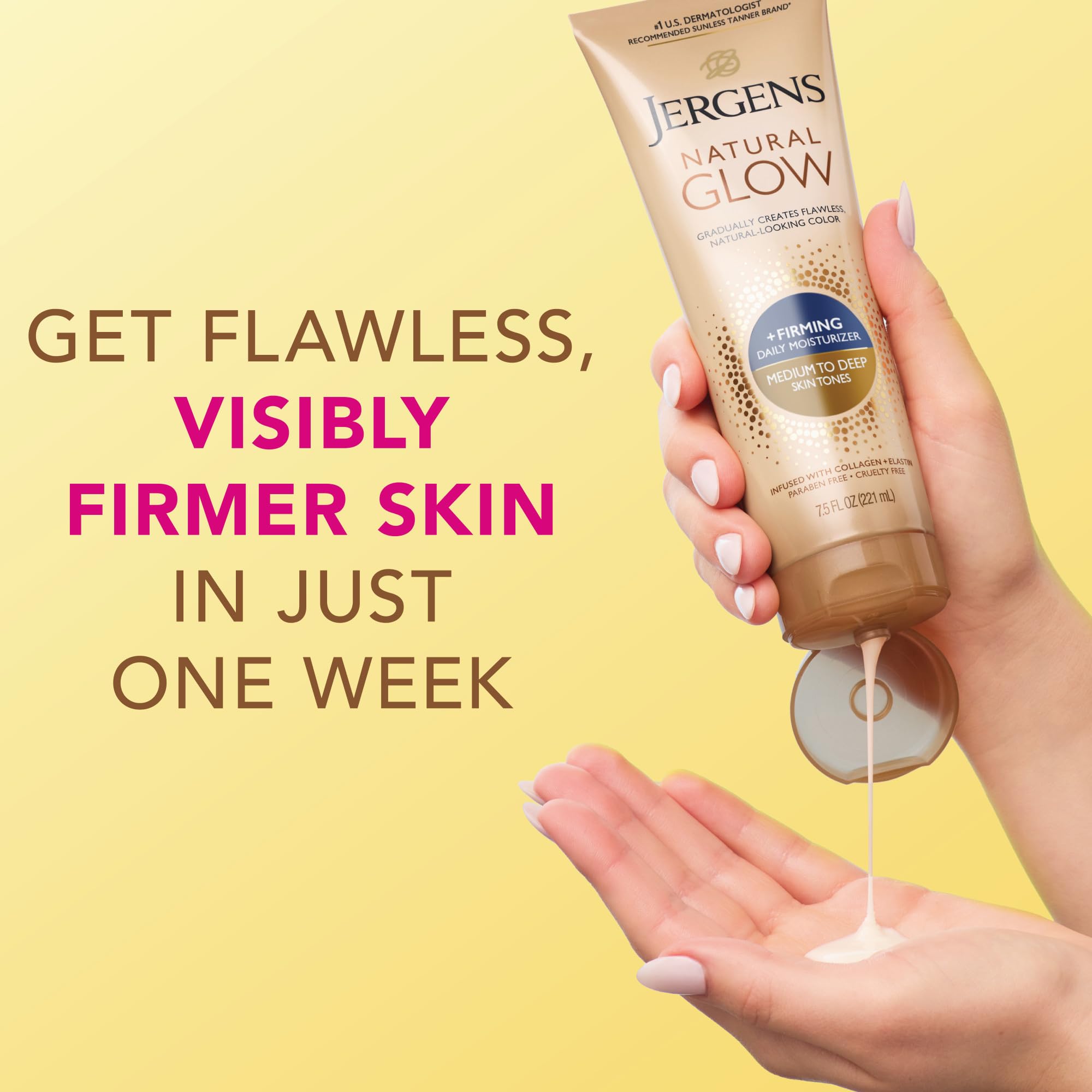 Side view of Jergens Natural Glow +Firming bottle packaging.