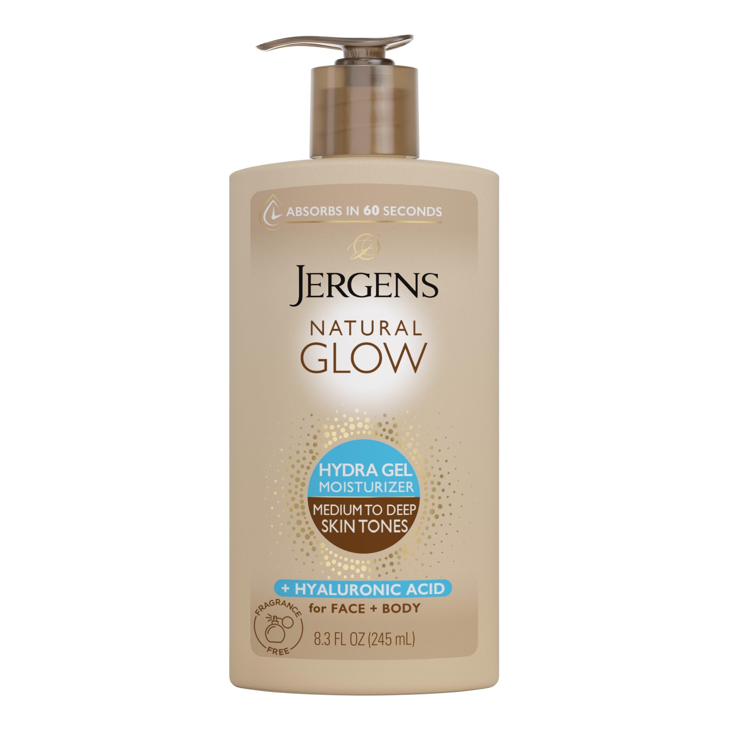 Jergens Natural Glow Hydra Gel bottle front, fragrance-free self tanner for face and body