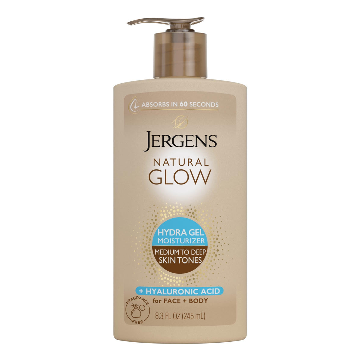 Jergens Natural Glow Hydra Gel bottle front, fragrance-free self tanner for face and body