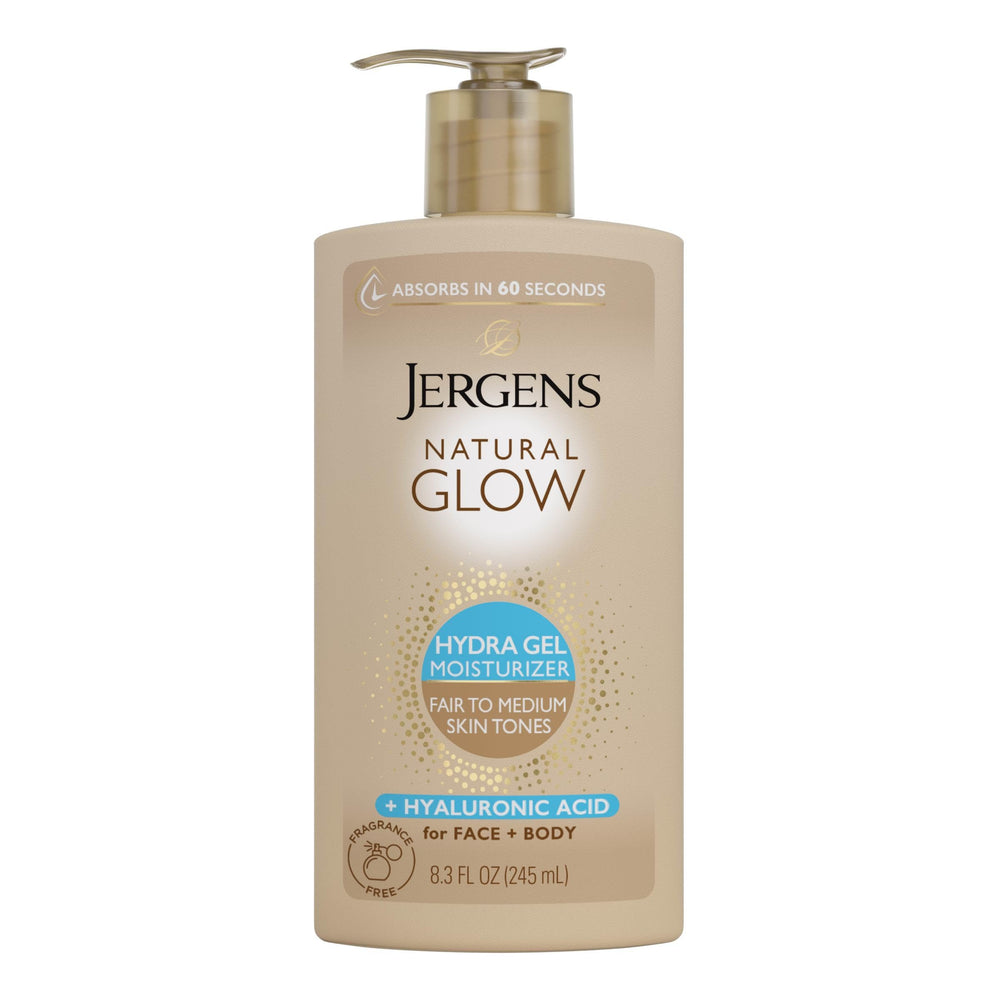 Jergens Natural Glow Hydra Gel bottle highlights fragrance-free hydration for sensitive skin.