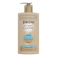 Jergens Natural Glow Hydra Gel bottle highlights fragrance-free hydration for sensitive skin.