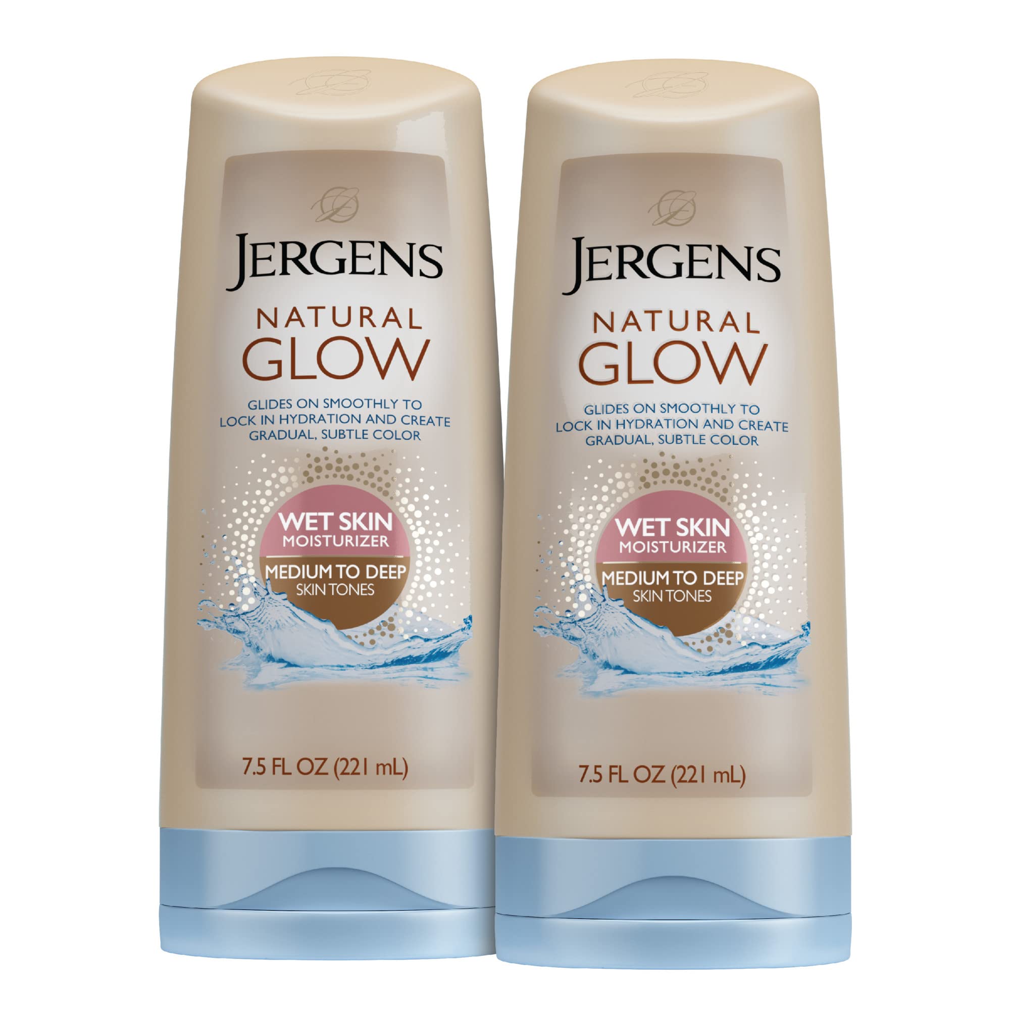 Jergens Natural Glow in-Shower lotion bottle on bathroom shelf for easy daily tan