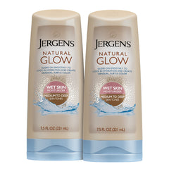 Jergens Natural Glow in-Shower lotion bottle on bathroom shelf for easy daily tan