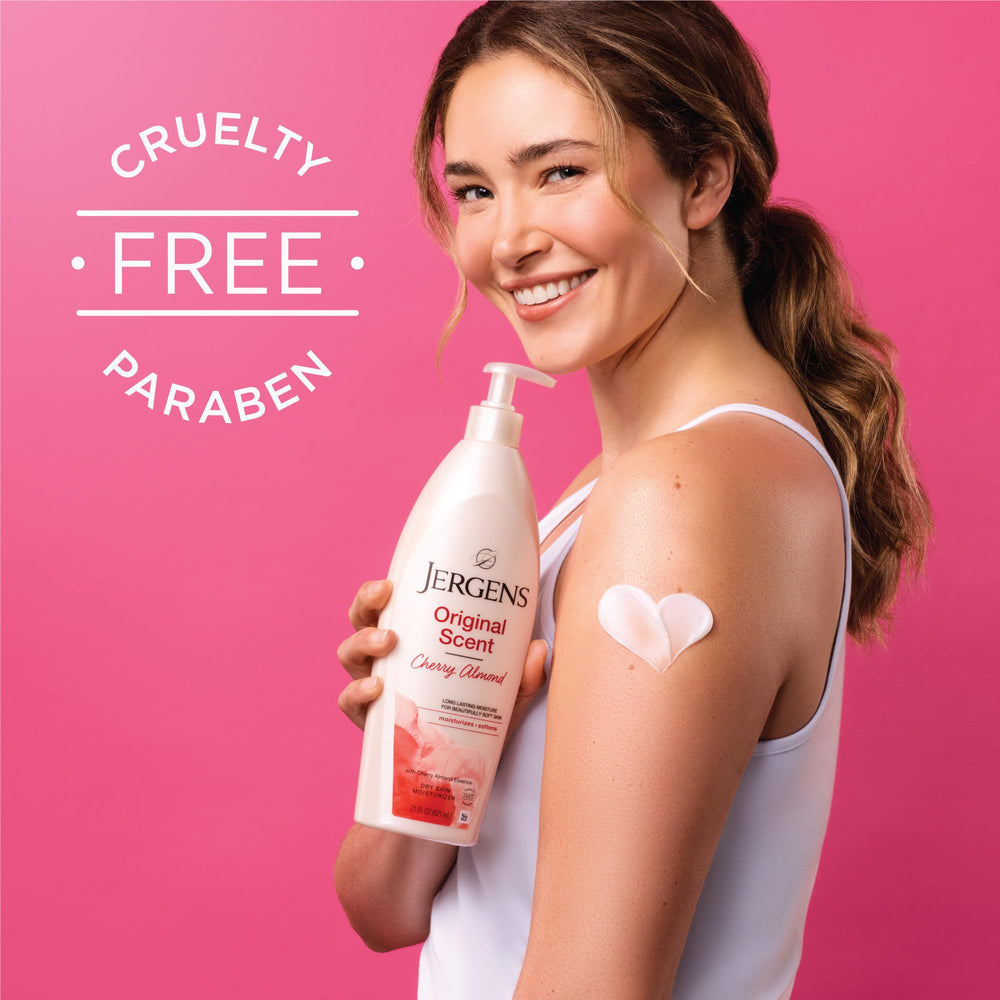 Jergens Original Scent Dry Skin Lotion bottle back, highlighting ingredients and dermatologist-tested reassurance.