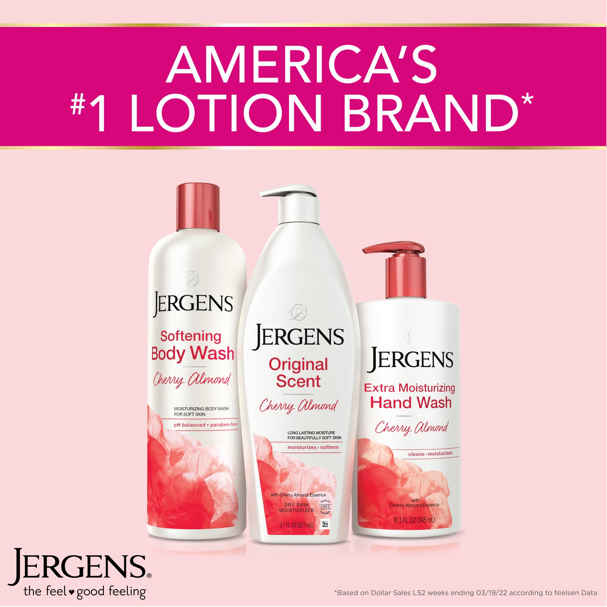 Jergens Original Scent Dry Skin Lotion packaging display with three bottles.