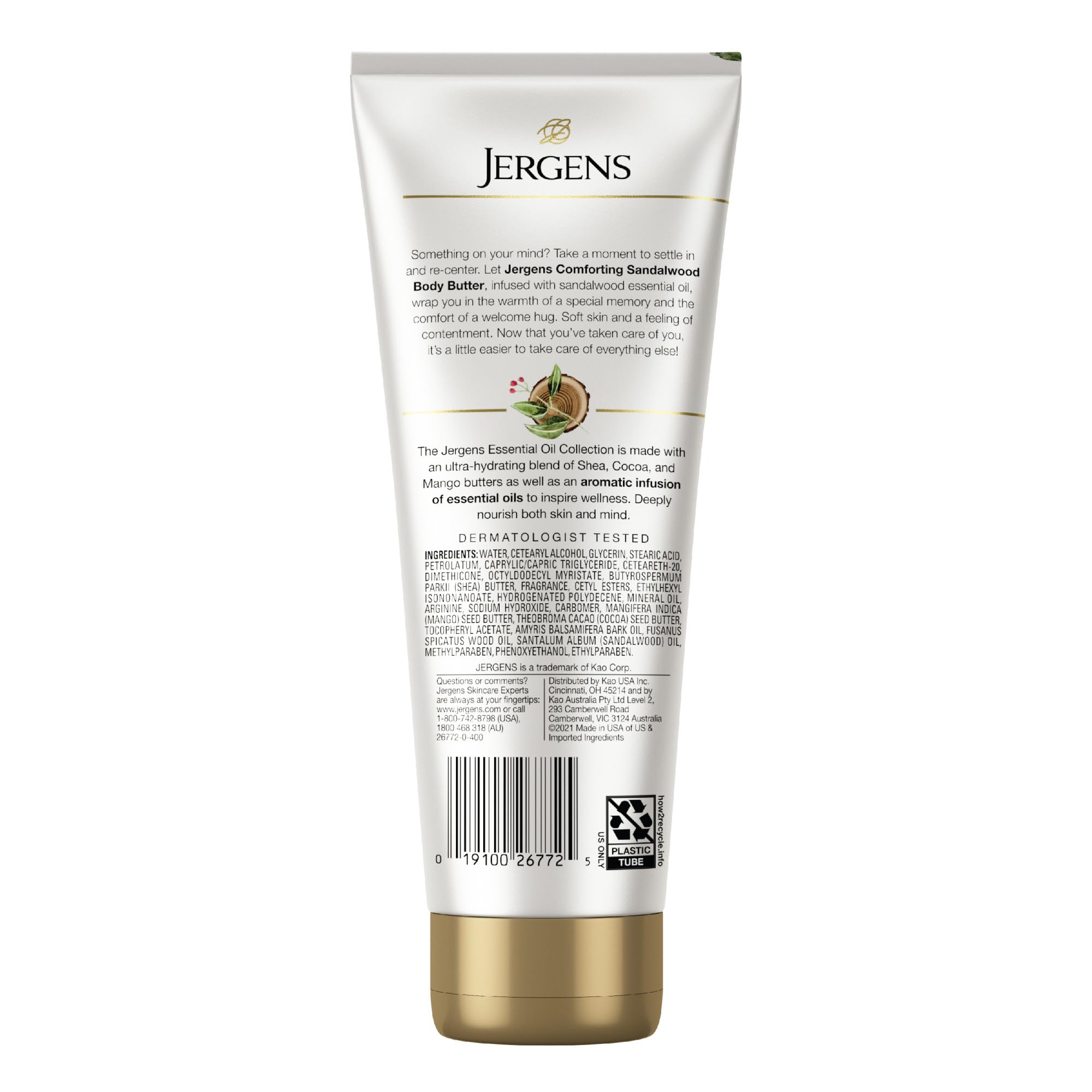 Close-up of Jergens Sandalwood Body Butter jar texture for long-lasting moisture.