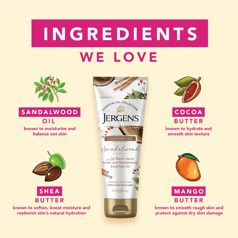 Jergens Sandalwood essential oil bottle suggests spa-like ambiance.