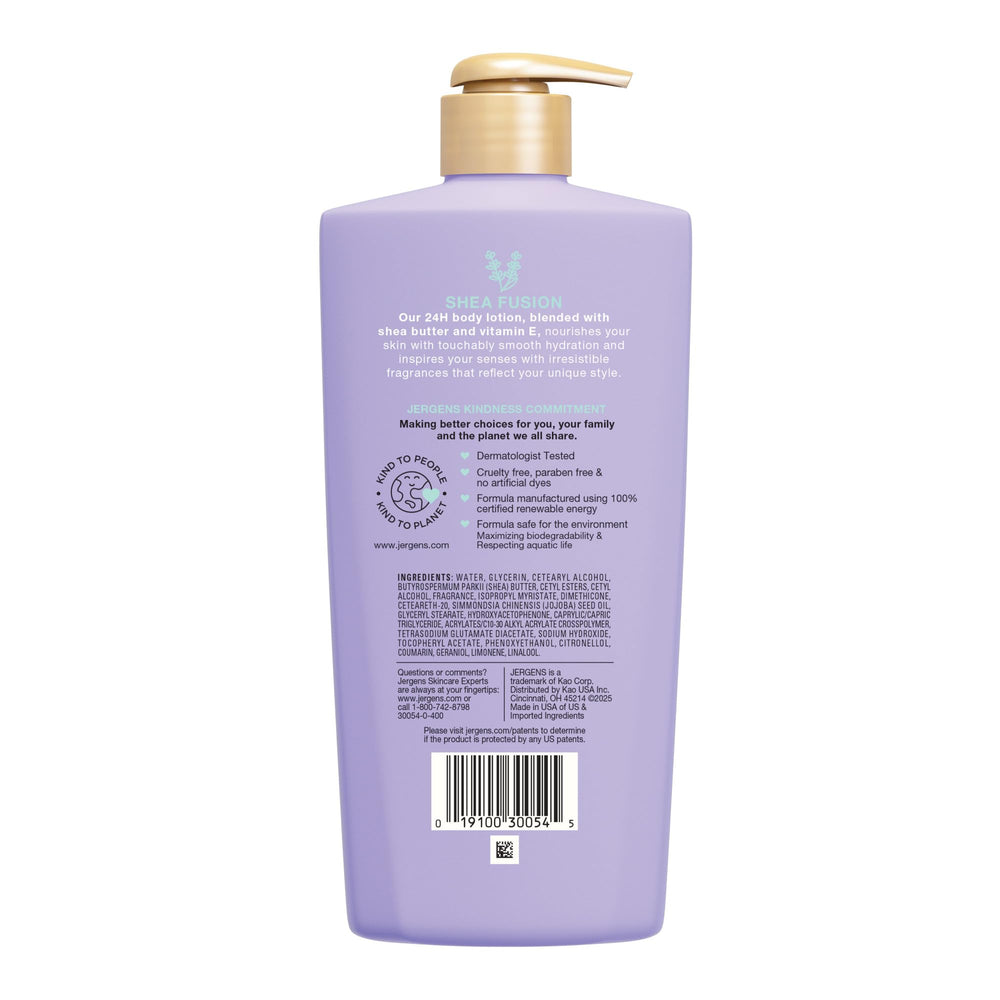 Lush bathroom setup with Jergens Shea Fusion lotion showing packaging and glow.