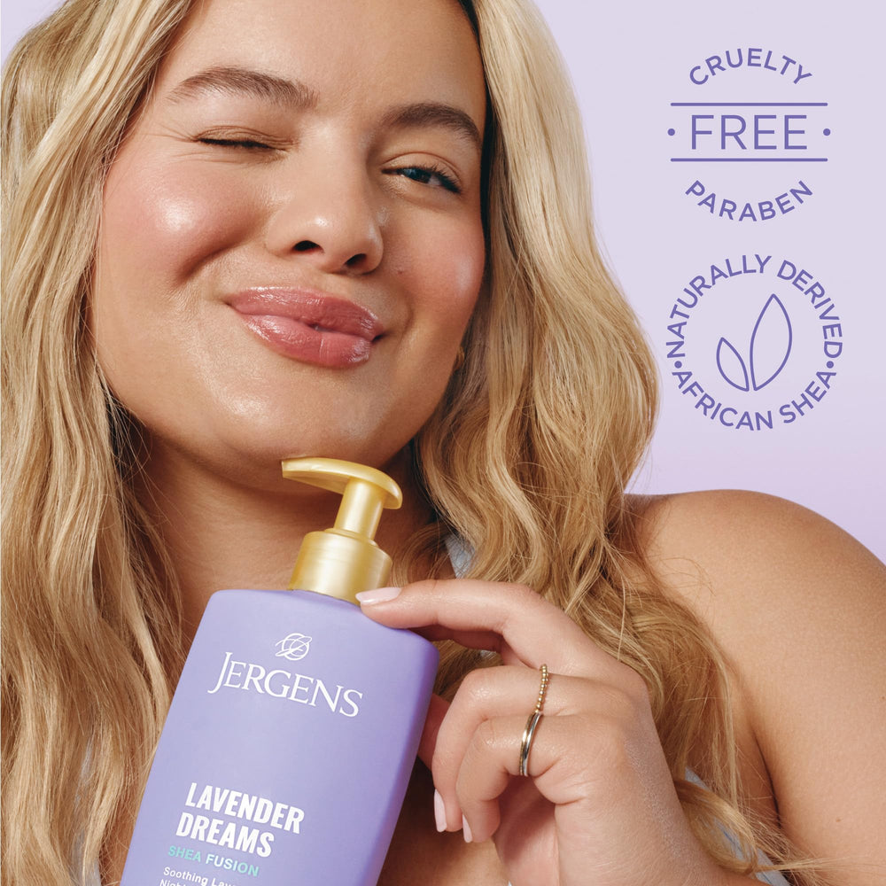 Applying Jergens Shea Fusion Lavender Dreams on the forearm for quick absorption.