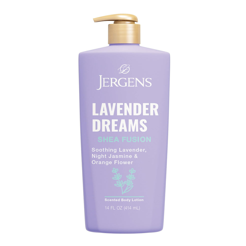 Jergens Shea Fusion Lavender Dreams bottle showing calming scent and all-day hydration.
