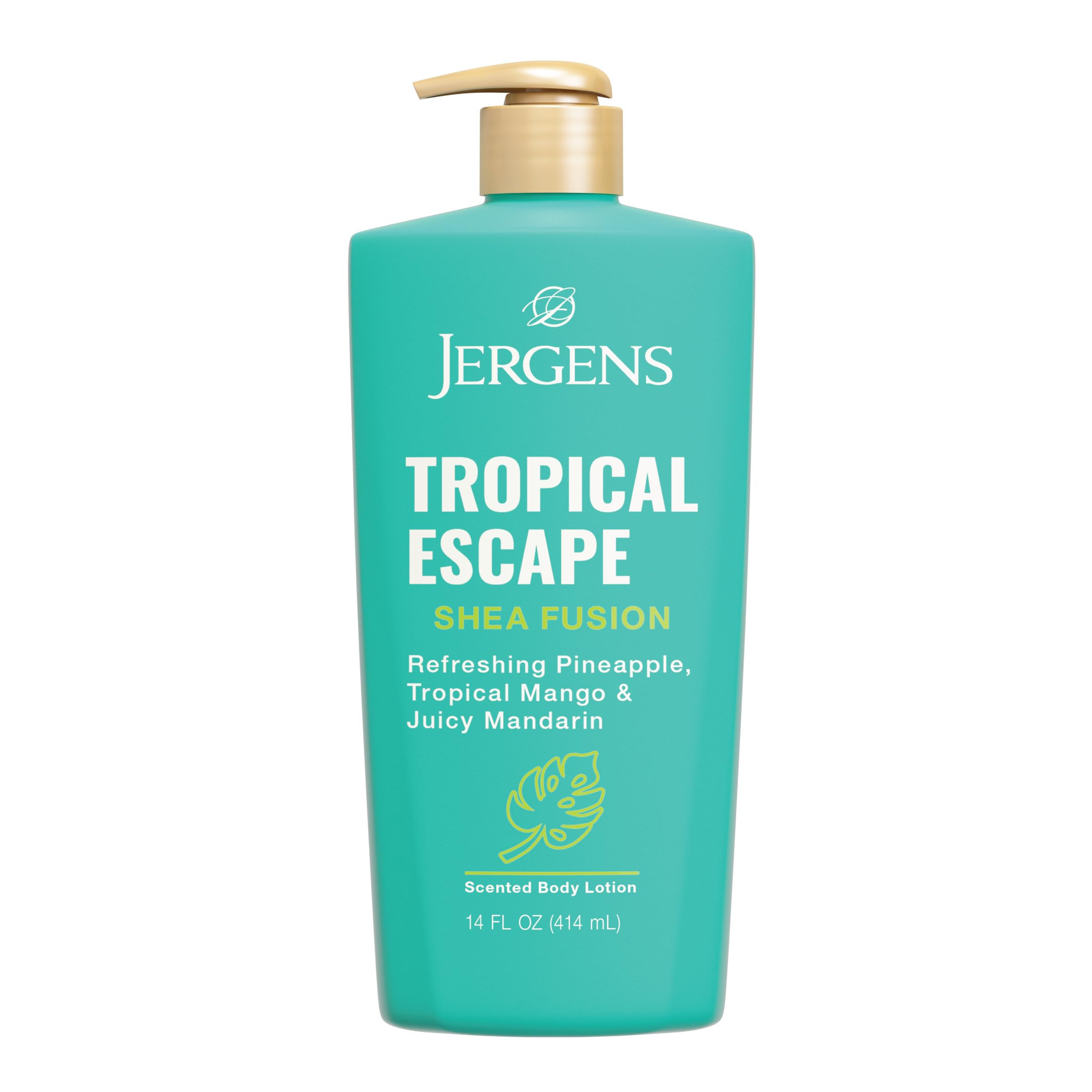 Jergens Shea Fusion Tropical Escape bottle front view highlighting tropical hydration