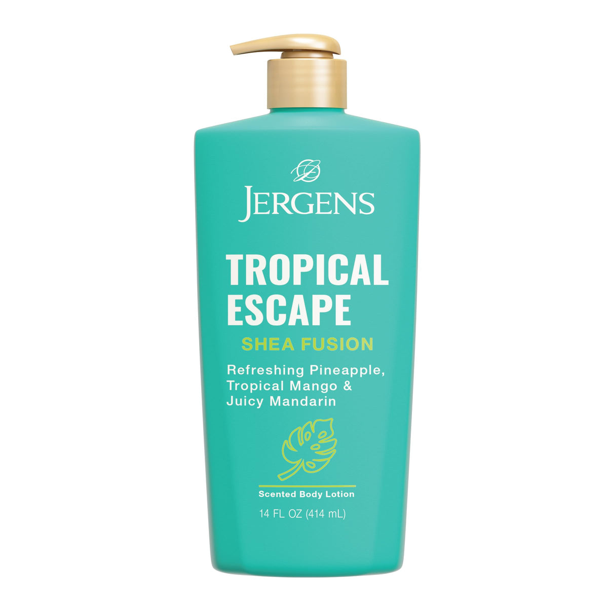 Jergens Shea Fusion Tropical Escape bottle front view highlighting tropical hydration