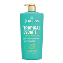 Jergens Shea Fusion Tropical Escape bottle front view highlighting tropical hydration