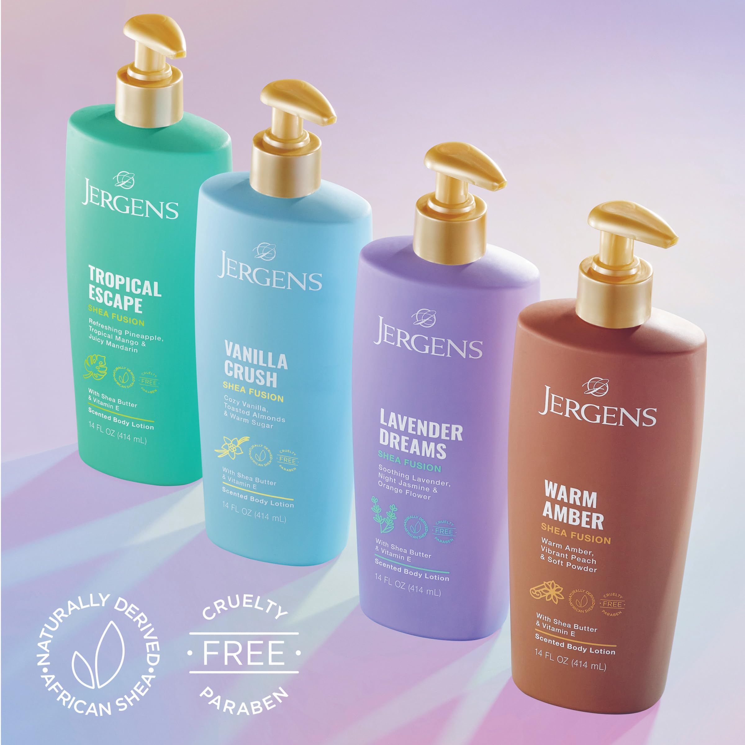 Jergens Shea Fusion Tropical Escape fragrance swirls conveying fruity, vacation-ready scent