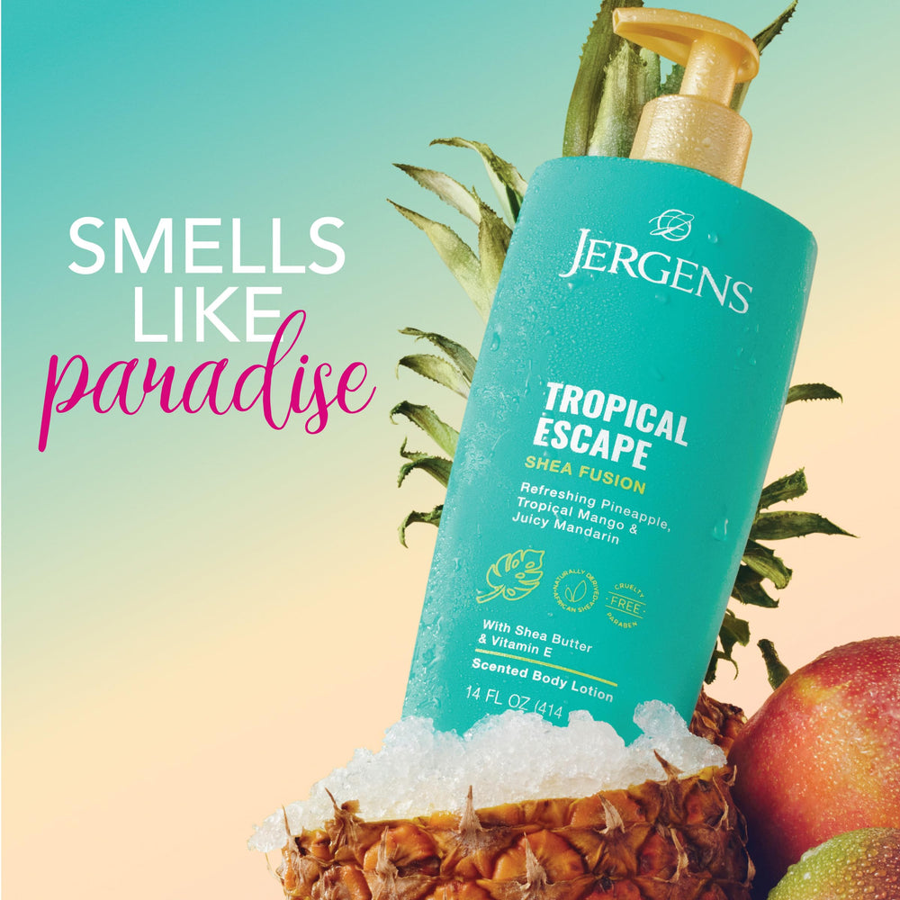 Jergens Shea Fusion Tropical Escape label close-up showcasing natural shea butter