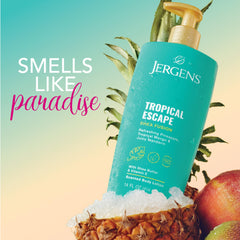 Jergens Shea Fusion Tropical Escape label close-up showcasing natural shea butter