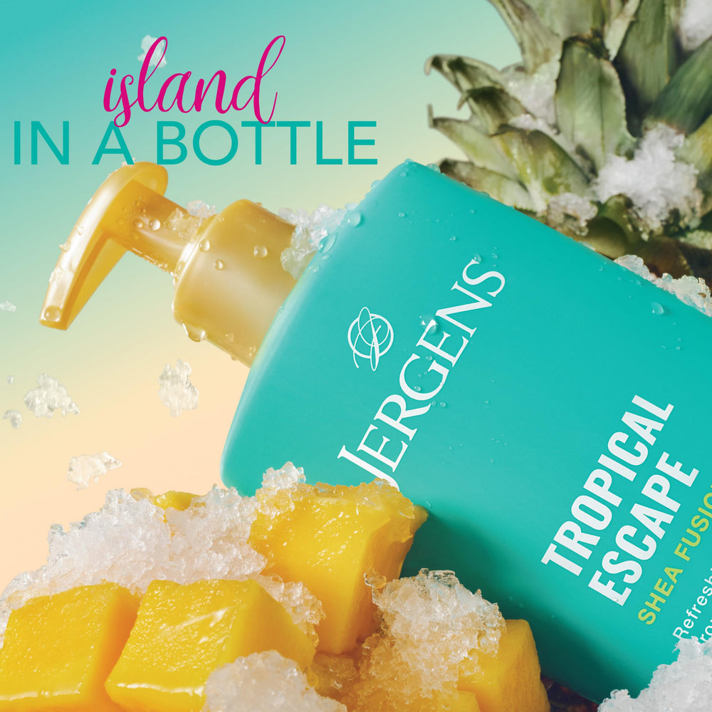 Jergens Shea Fusion Tropical Escape lotion applied to arm for smooth hydration