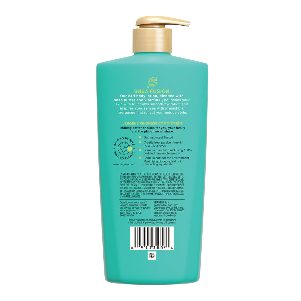 Jergens Shea Fusion Tropical Escape display image emphasizing 24-hour moisture promise