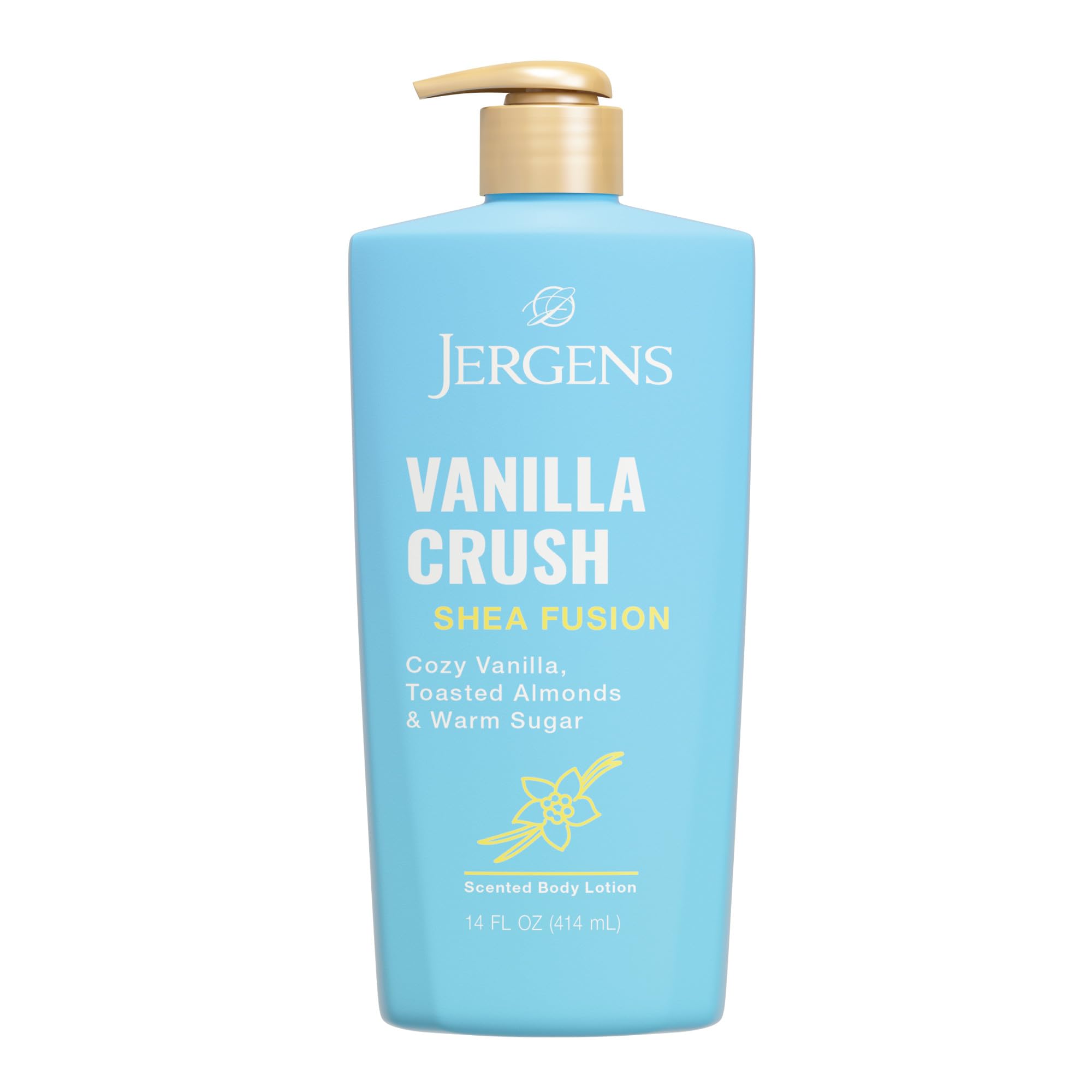 Jergens Shea Fusion Vanilla Crush bottle shows creamy moisturizer for all-day hydration.