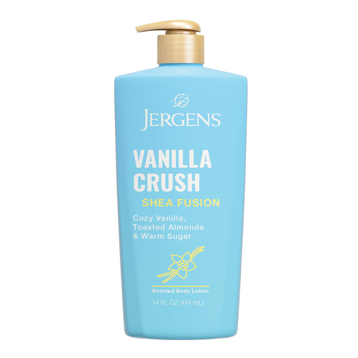 Jergens Shea Fusion Vanilla Crush bottle shows creamy moisturizer for all-day hydration.