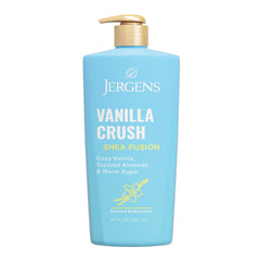 Jergens Shea Fusion Vanilla Crush bottle shows creamy moisturizer for all-day hydration.