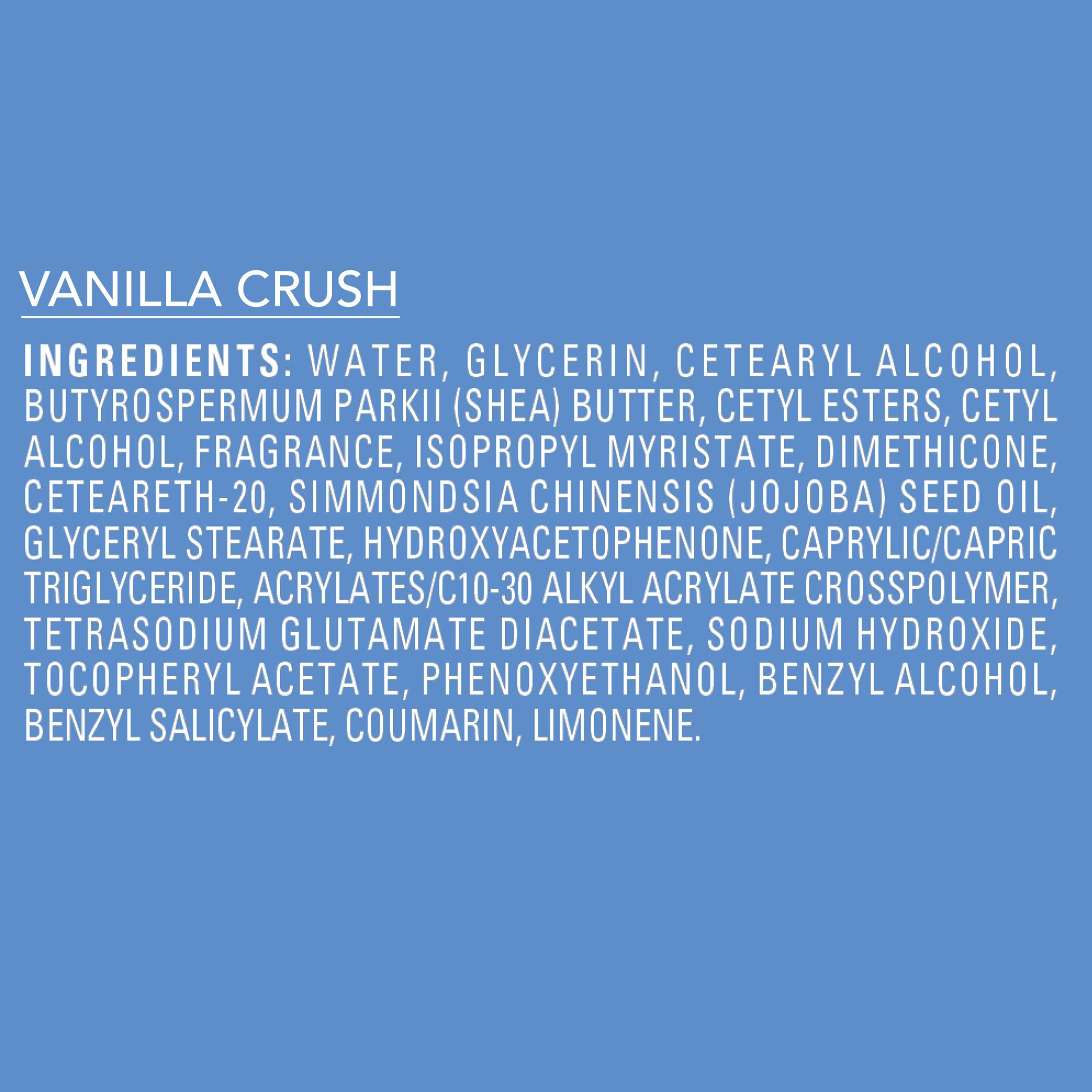 Eco-friendly production and renewable energy branding accompany Vanilla Crush packaging.