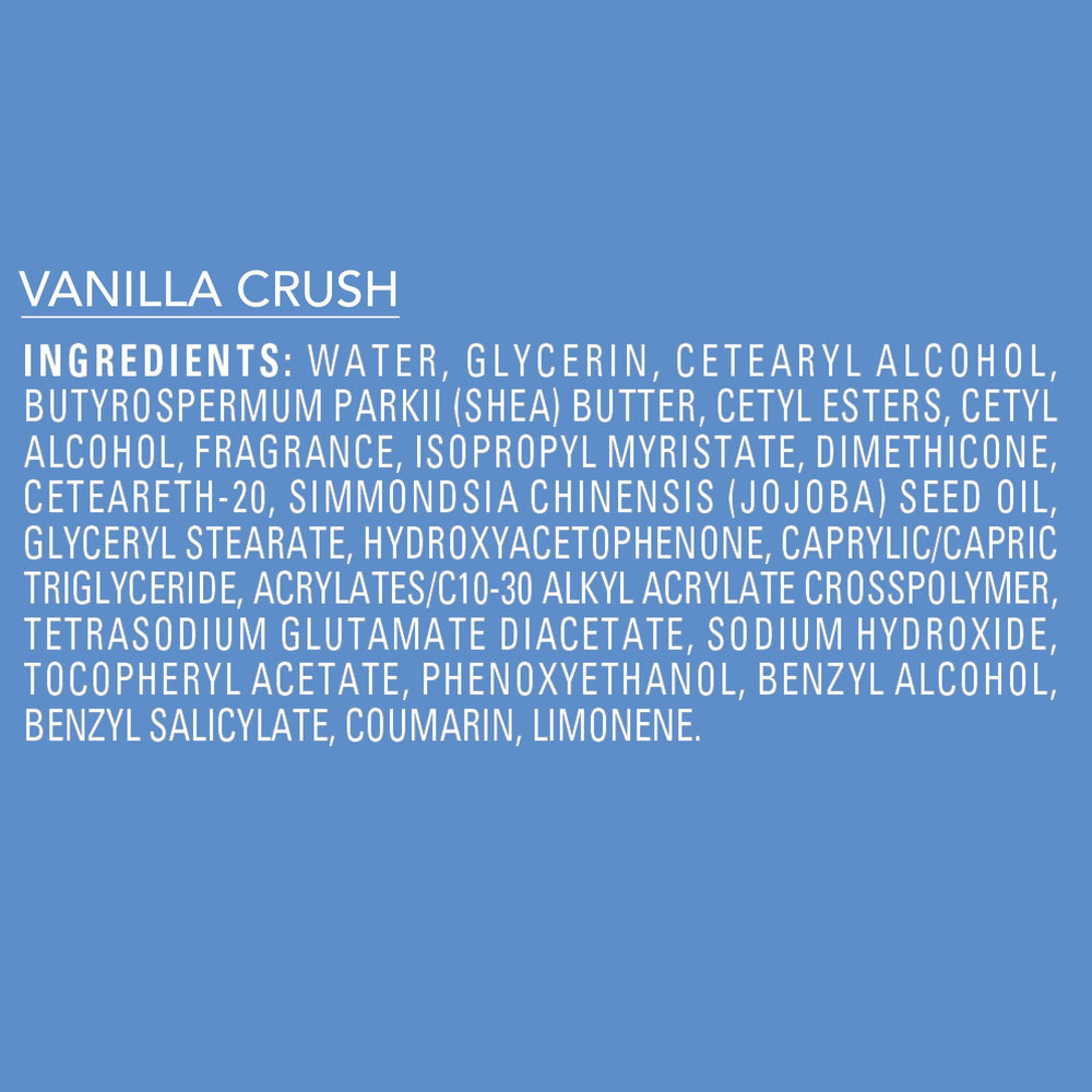 Eco-friendly production and renewable energy branding accompany Vanilla Crush packaging.