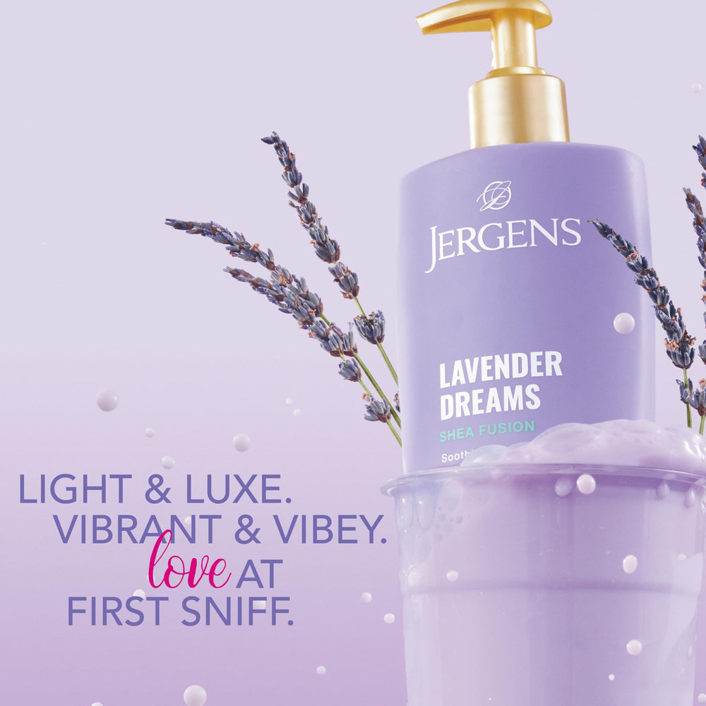 Vanilla Crush variant bottle from Jergens Shea Fusion collection on a bedside table.