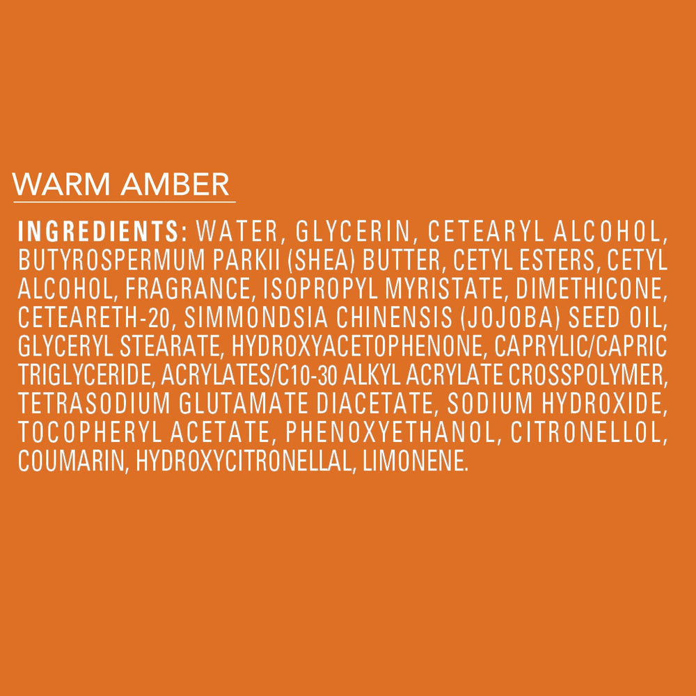 Jergens Shea Fusion Warm Amber fragrance note with amber, powder, and peach