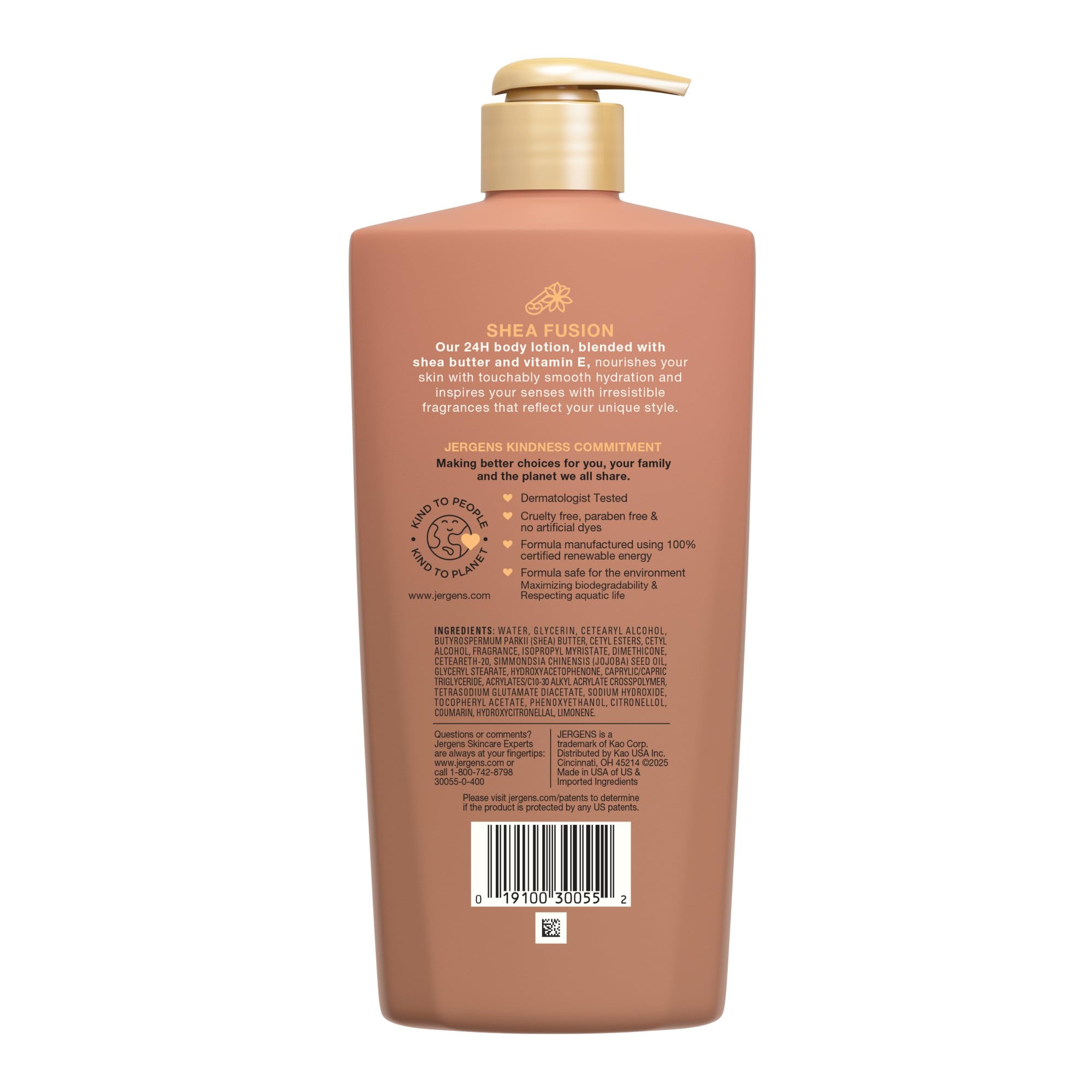 Jergens Shea Fusion Warm Amber packaging emphasizes cruelty-free and recyclable materials