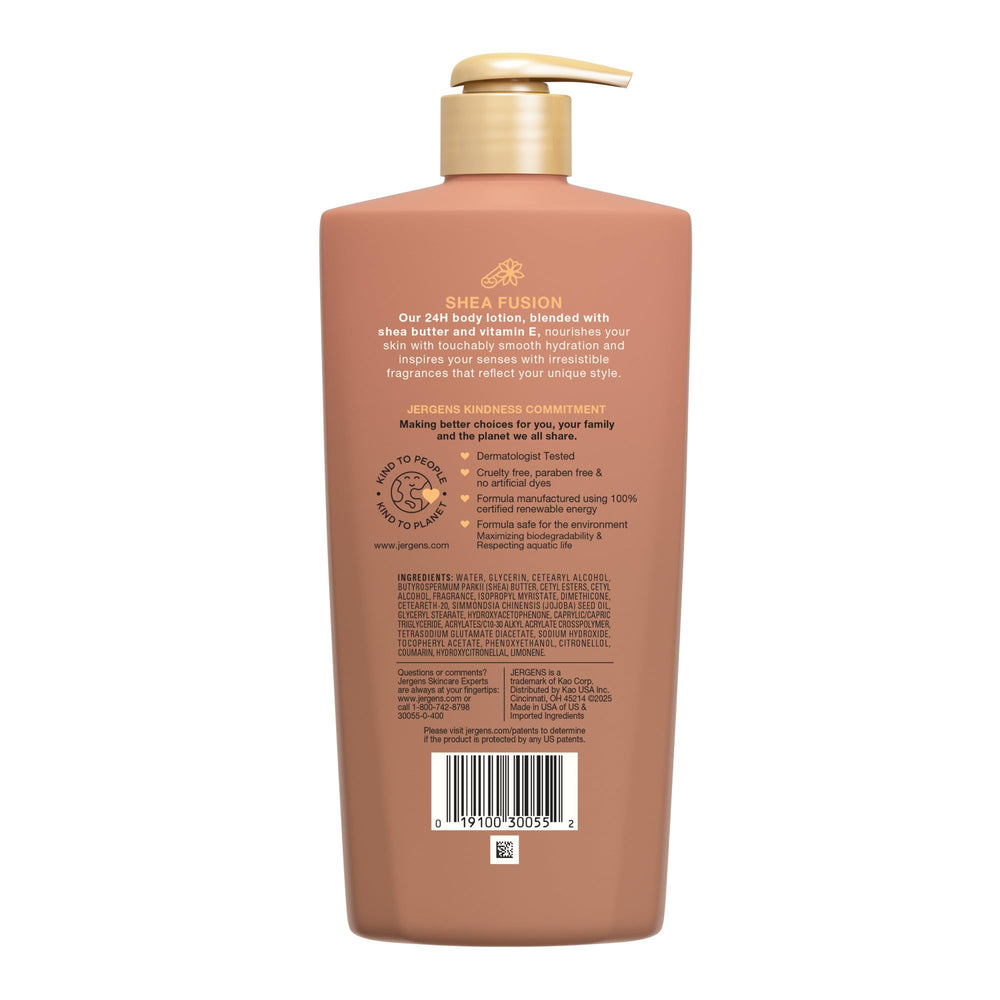 Jergens Shea Fusion Warm Amber packaging emphasizes cruelty-free and recyclable materials