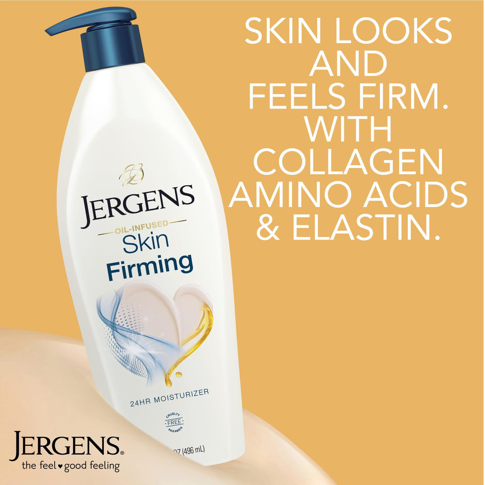 Hands applying Jergens Skin Firming Lotion for smoother, hydrated skin