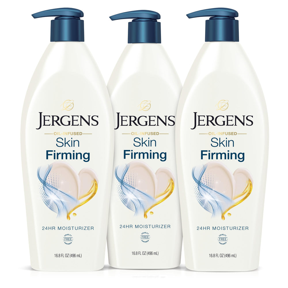 Jergens Skin Firming Lotion bottle close-up highlighting silky hydration