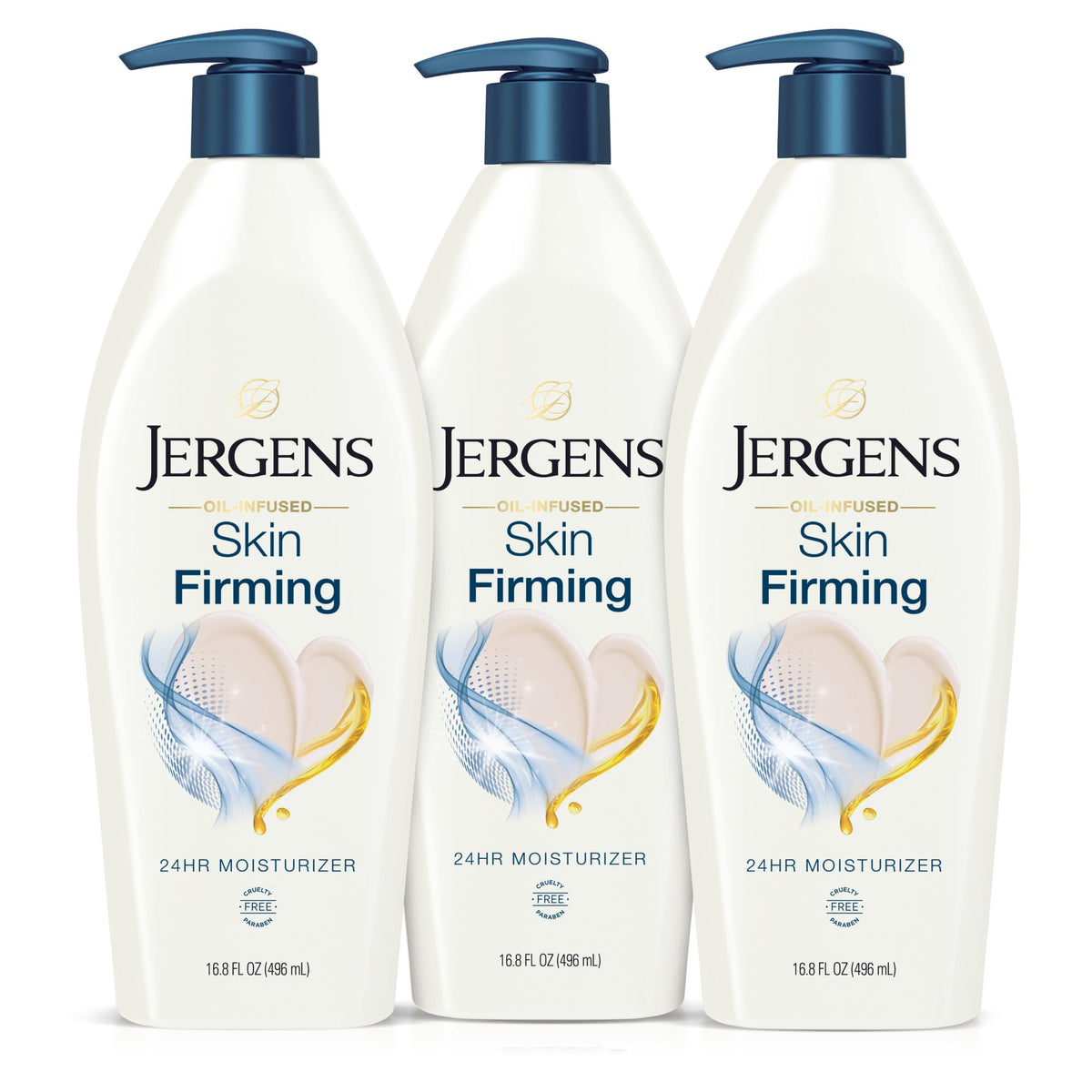 Jergens Skin Firming Lotion bottle close-up highlighting silky hydration