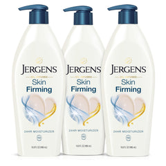 Jergens Skin Firming Lotion bottle close-up highlighting silky hydration