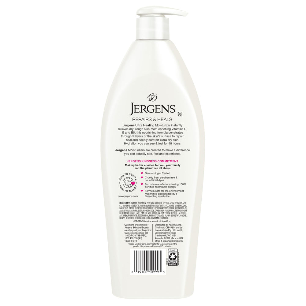 Jergens Ultra Healing lotion on bathroom shelf ready for daily use