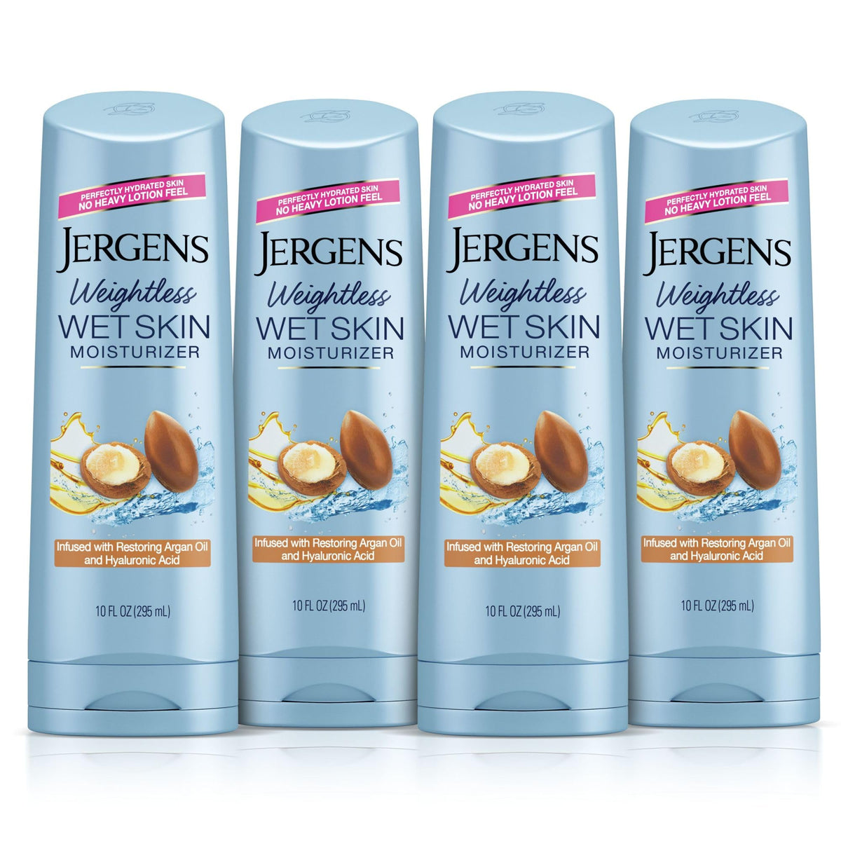 Jergens Wet Skin Moisturizer argan oil bottle delivering fast hydration.