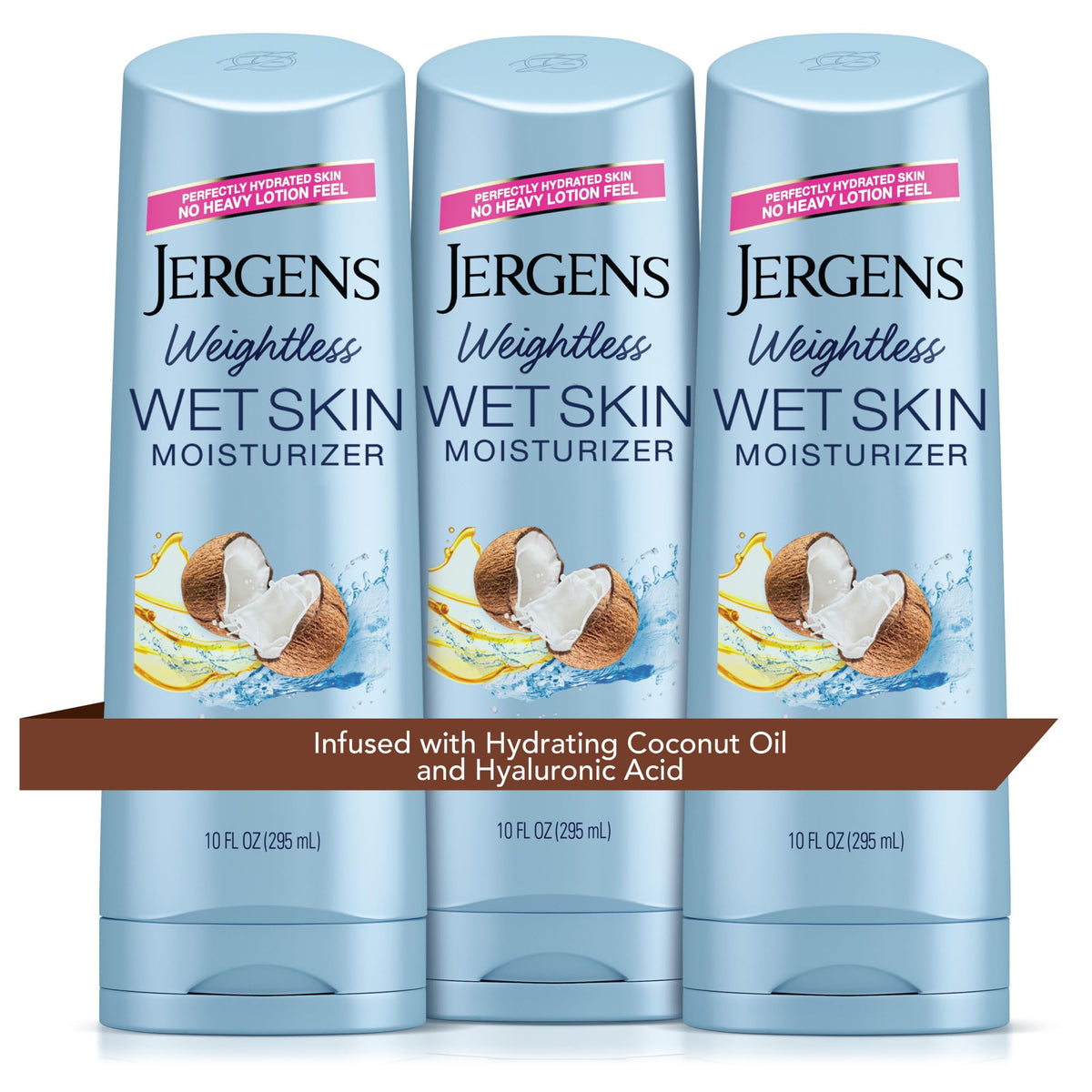 Jergens Wet Skin Moisturizer coconut oil bottle boosts quick hydration in shower.