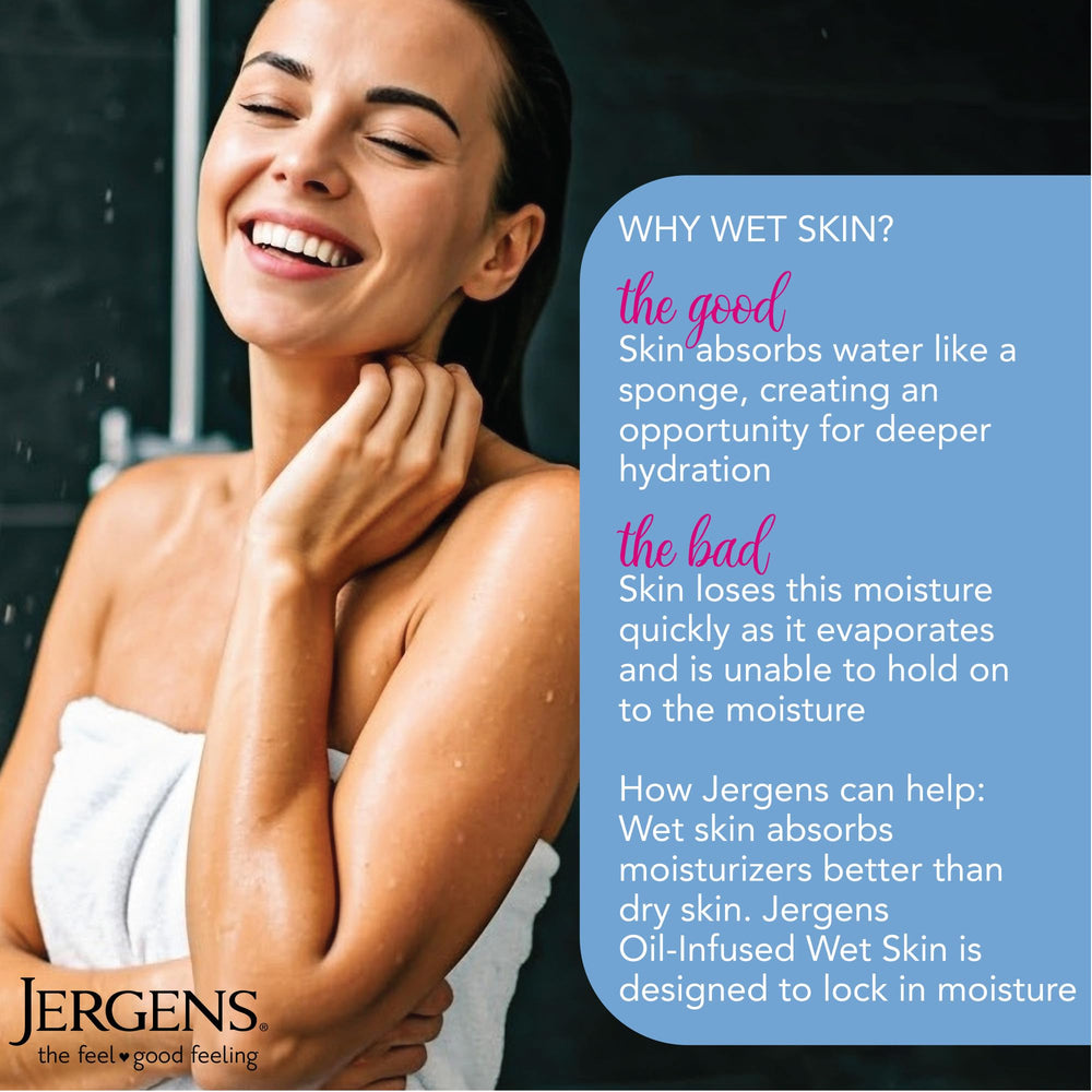 Jergens Wet Skin Moisturizer close-up shows coconut oil infusion and fragrance.
